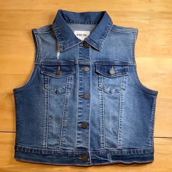 C'EST TOI Black Label Blue Distressed Denim Vest Size M - Picture 8 of 16